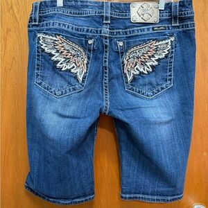 Miss Me Blue Denim Bermuda Shorts with Silver & Tan Wing Embroidery